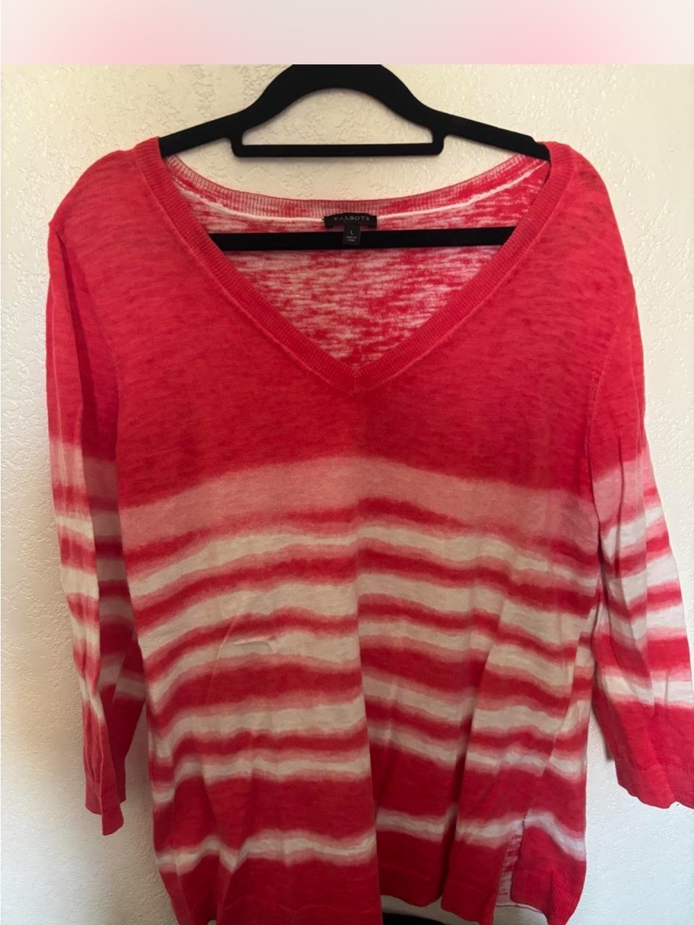 Talbots Red and White Striped V-Neck Sweater